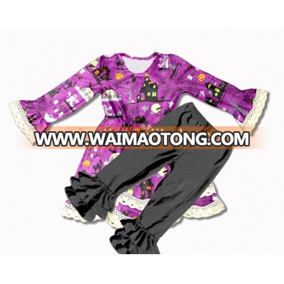 LM-006 2017 Purple nightmare print pearl dress with ruffle pants outfits wholesale girls fall boutique halloween clothing