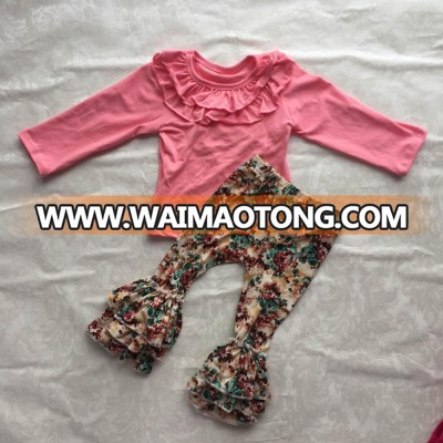 2017 new arrival sets clothing baby suits double ruffle baby tops with flower printing pants girl's outfits