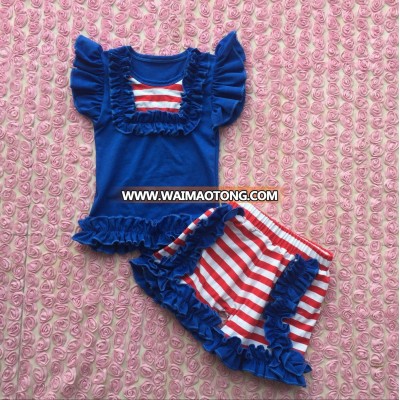 Hot sell new style wholesale boutique deep blue tops with bibs match ruffle shorts set