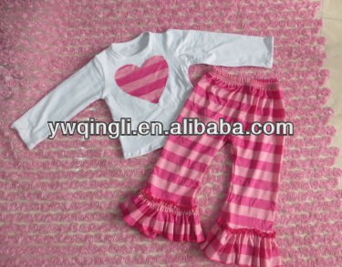 2014 hot sale 100% Cotton Outfits Long Sleeve White Shirts With Pink Heart Match Long Striped Pants