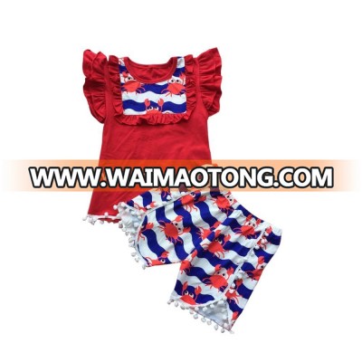 Popular style wholesale flutter sleeves tops with bib match pom pom shorts clothing sets